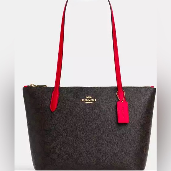 Coach Fiona Zip Tote Bag. Color: Gold/Walnut/Bold Red - Picture 1 of 9